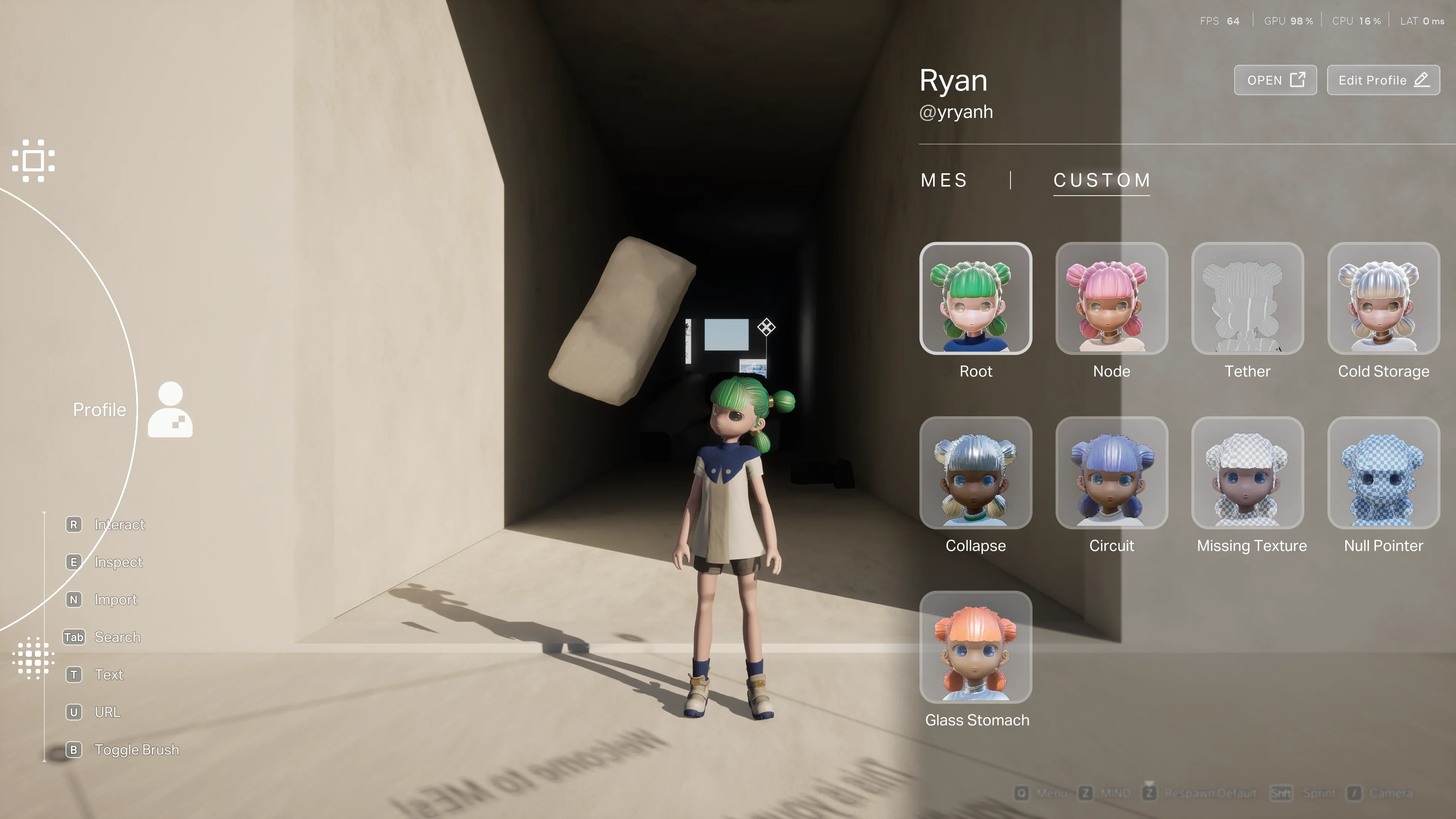 Profile window, CUSTOM tab and OPEN button