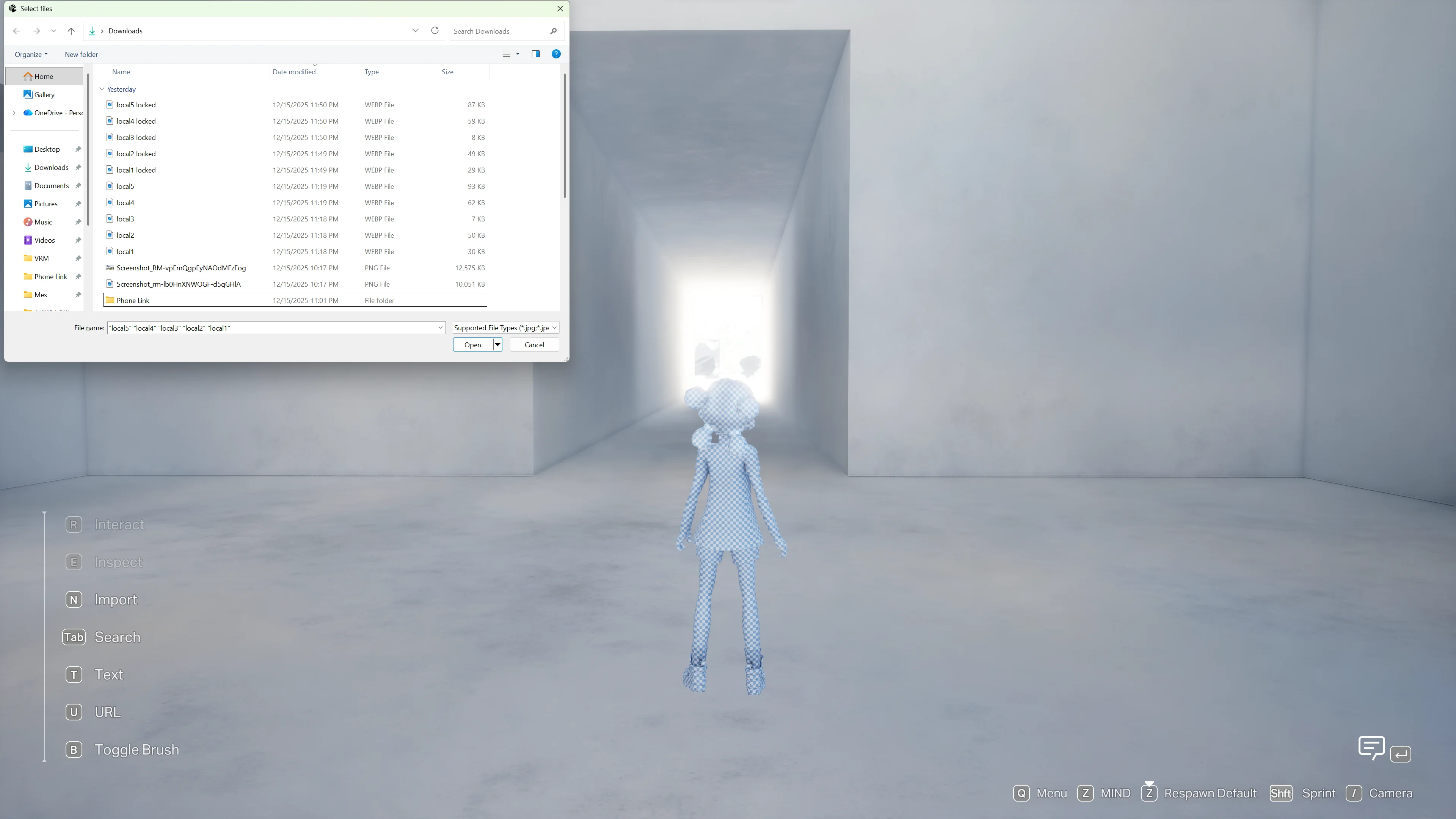 File selection dialog opened in a world
